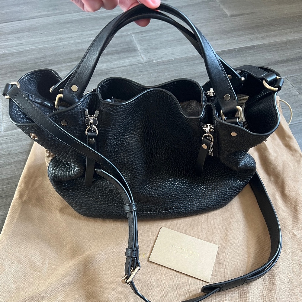 BURBERRY Maidstone Black Leather House Check Canvas Small Tote Bag - Picture 2 of 14